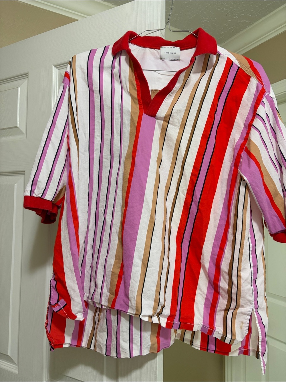 Longchamp Striped Collared Polo in Red, Pink and White
